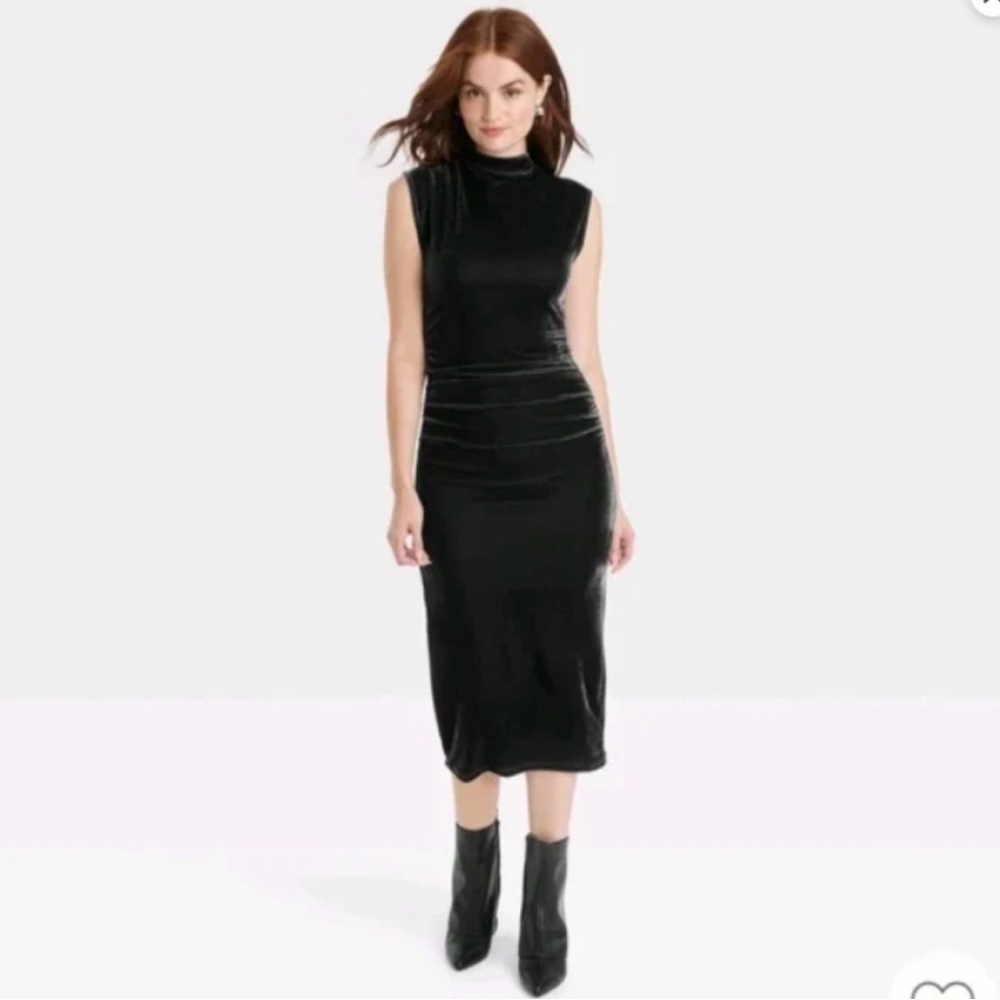 A New Day Velour Velvet Side Ruched Bodycon Midi Dress Black XL NWT